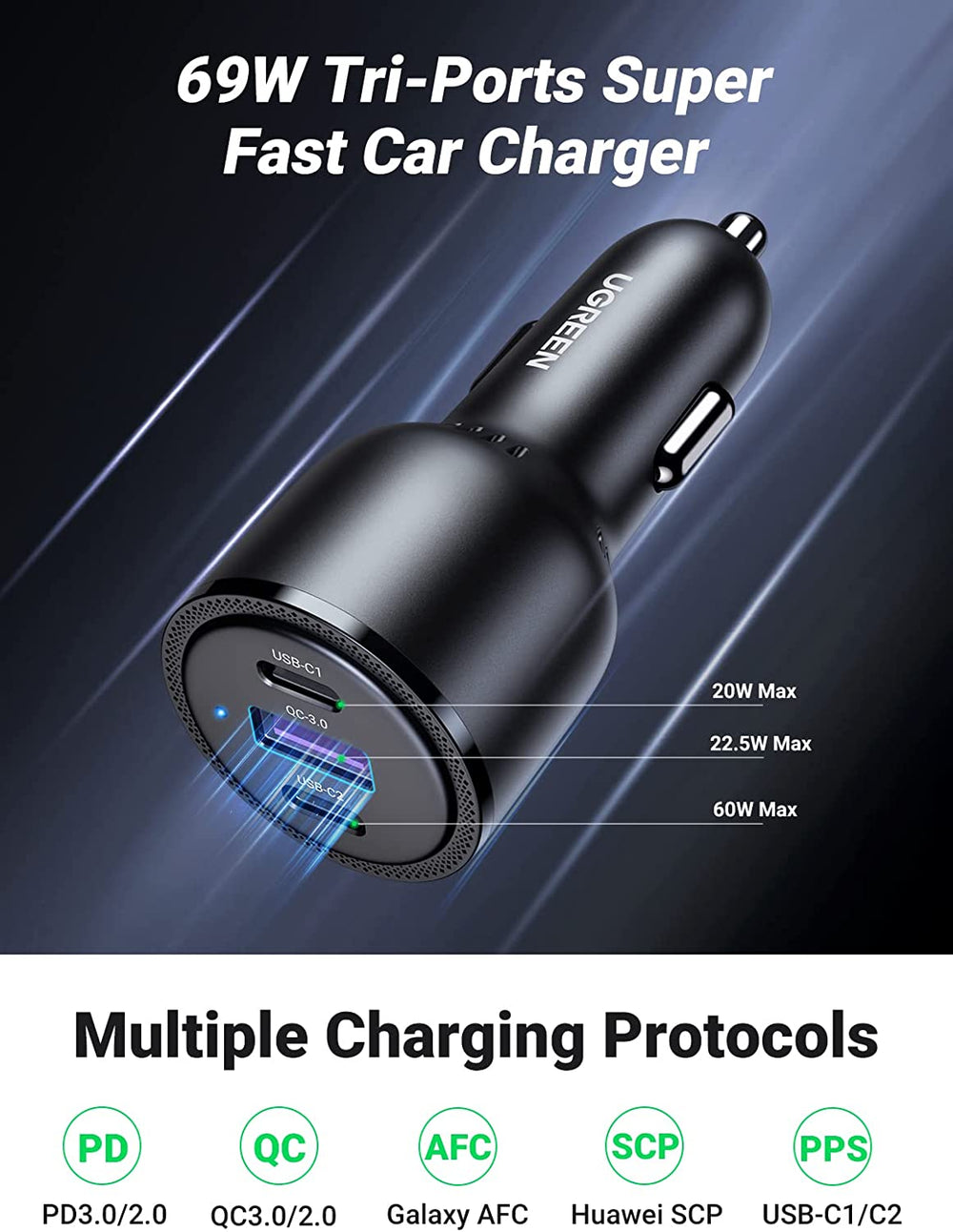 UGREEN شاحن USB سريع للسيارة بقدرة 69 واط OB