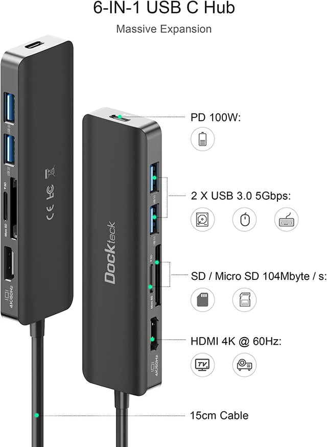 USB C Hub HDMI PD Adapter, Dockteck 6-in1 OB