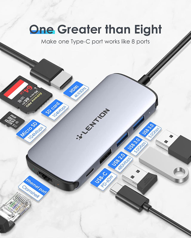 LENTION USB-C 8 in 1 Hub with 4K HDMI OB