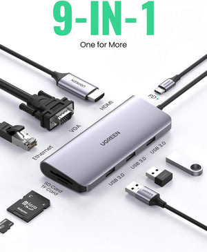 UGREEN USB C Hub 9 في 1 USB Type C إلى 4K HDMI محول متعدد المنافذ OB